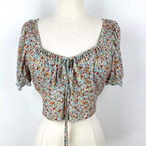 Shein Curve Floral Cropped Top 2XL Puff Sleeve Boho Peasant Country Farm Style